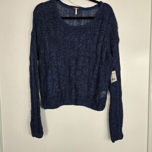 Free People Navy Cosmos‎ Combo Fuzzy Sweater Small Open Knit Wool Alpaca Blend